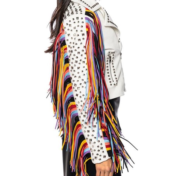 Miz God's Promise: Rainbow Fringe Studded Moto Jacket L XL - Picture 4 of 7